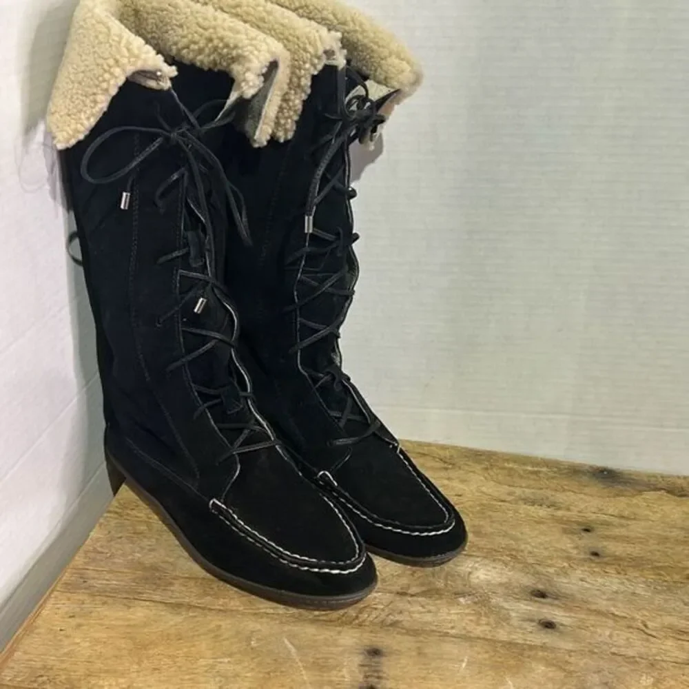 Sperry‎ topsider tall black moccasin boots Sherpa lace up booties